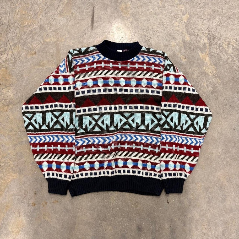 Vintage 90s Made in USA Geometric Knit Sweater Grandpa Core Multi Color Small
